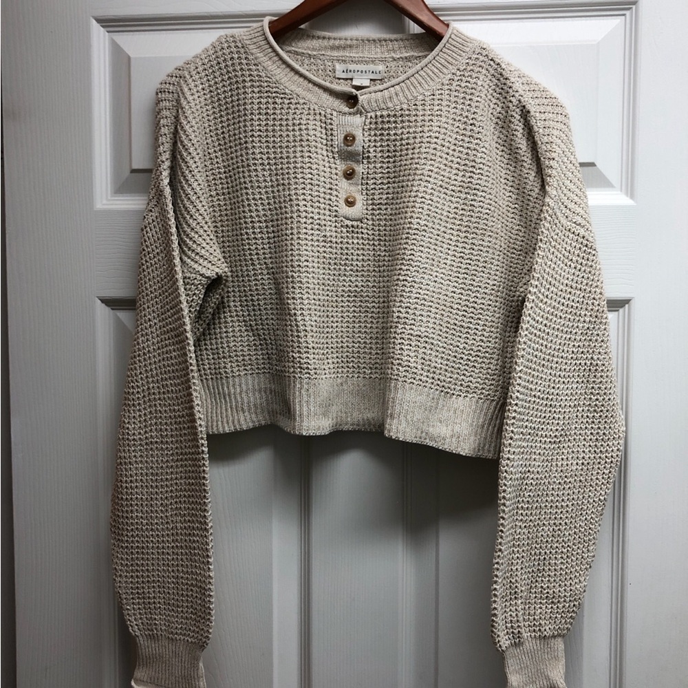 Aeropostale Beige Waffle-Knit Henley Cropped Sweater